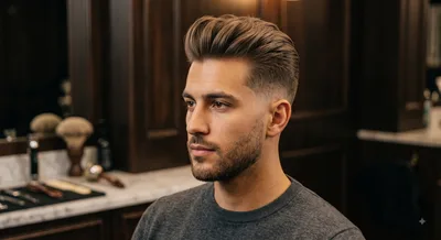 Textured quiff, mid fade